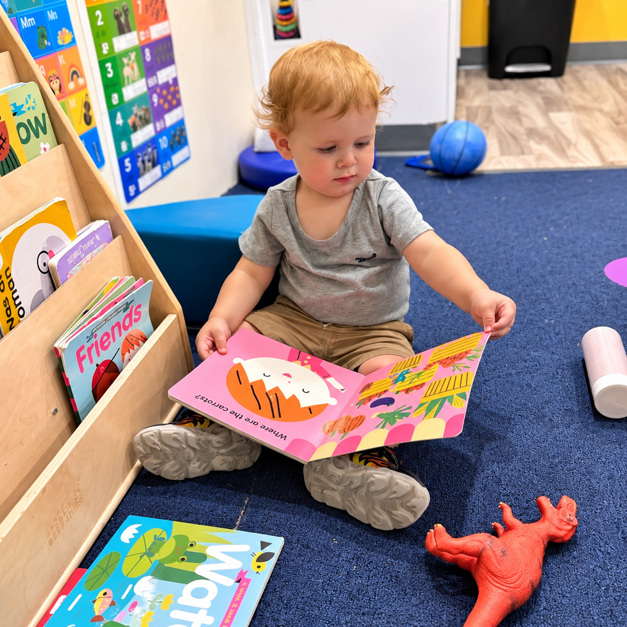 A toddler sitting on a classroom rug looking at a picture book at Kidz-Zona