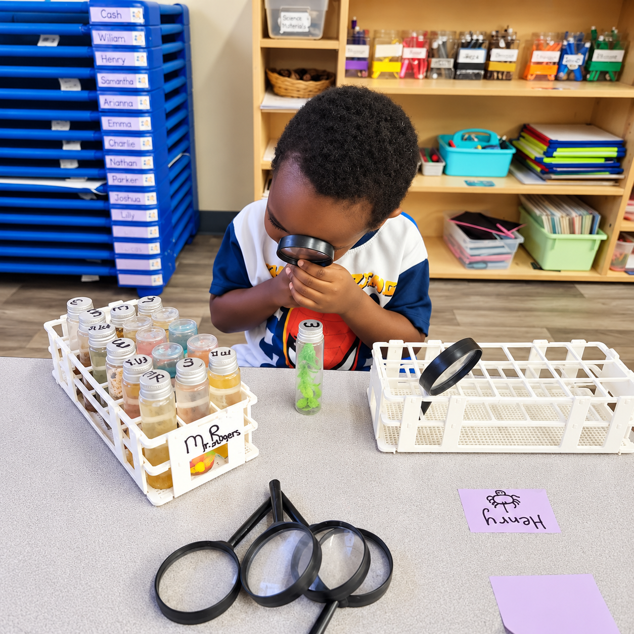 A preschooler looking through a magnifying glass during a science exploration activity at Kidz-Zona