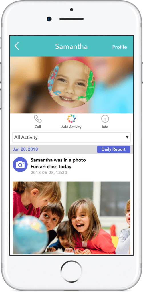 The Brightwheel app showing a child's daily activity feed with photos and teacher messages