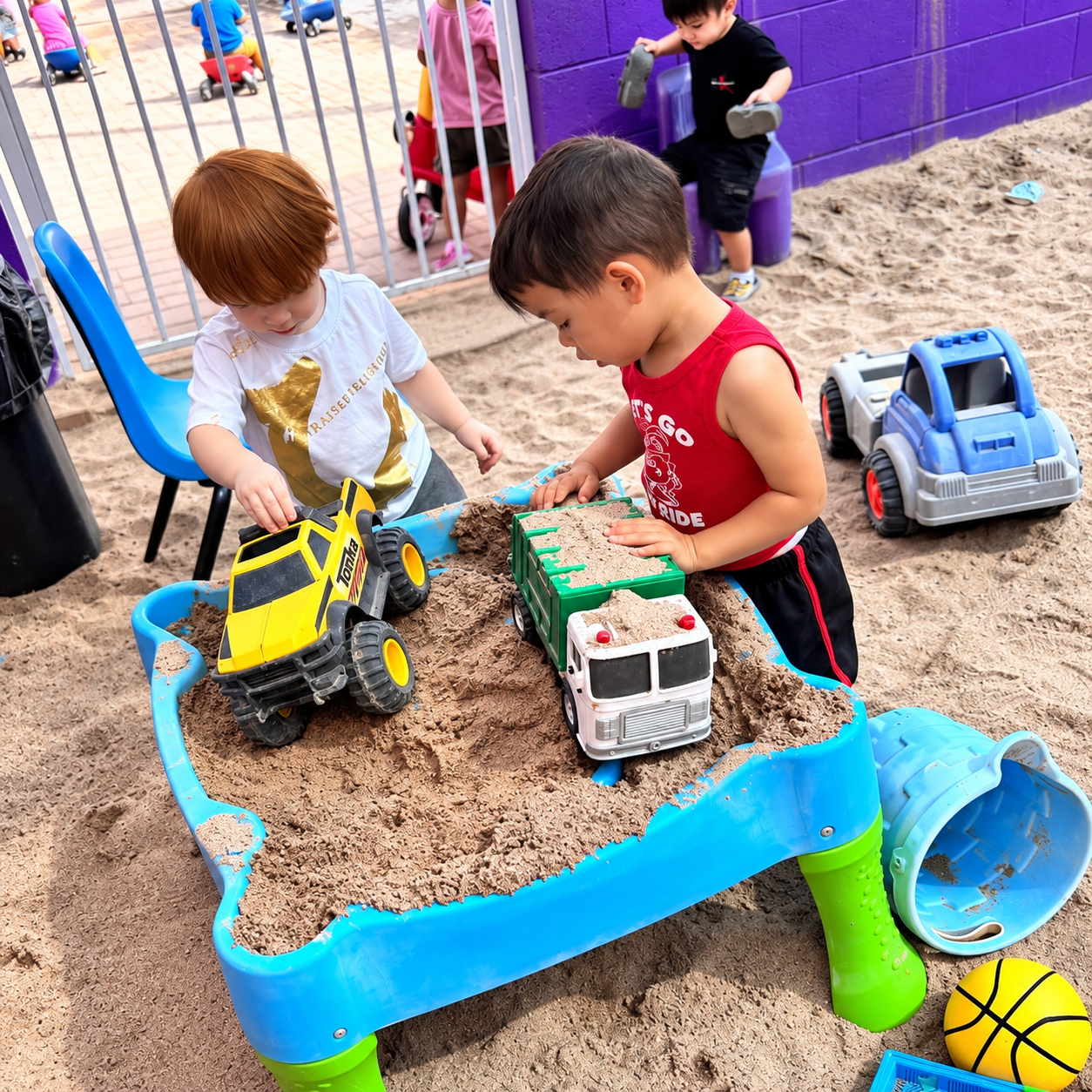 Toddlers playing with toy trucks in a sandbox at Kidz-Zona