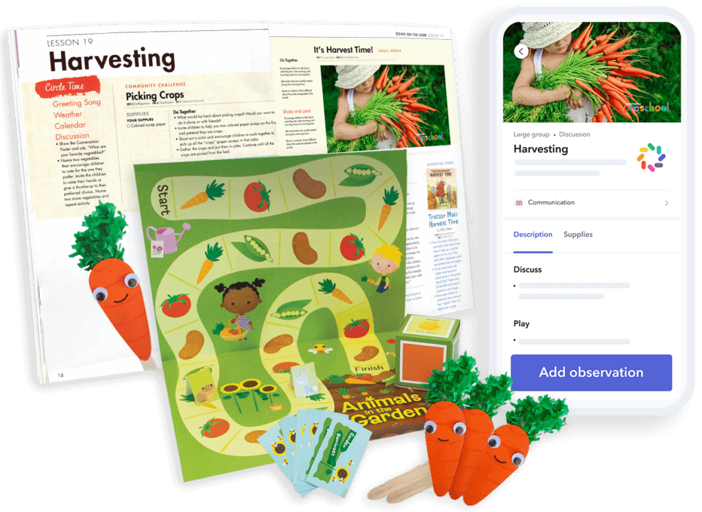 Experience Curriculum lesson materials, monthly theme kit, and the Brightwheel app showing a daily lesson